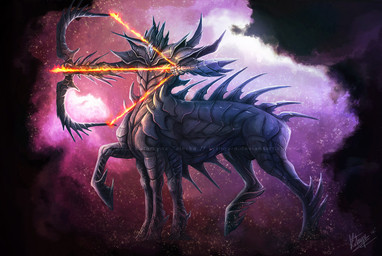 5_fingers 6_legs armor arrow_(weapon) bow_(weapon) cosmic_background fingers holding_object holding_weapon hooves ranged_weapon solo space space_background standing weapon sythgara taur 2012