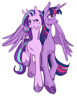 blush bodily_fluids duo female feral fetlocks hooves horn raised_hoof simple_background sweat trotting wings sunhreis friendship_is_magic hasbro my_little_pony mythology starlight_glimmer_(mlp) twilight_sparkle_(mlp) equid equine mammal mythological_creature mythological_equine unicorn winged_unicorn hi_res