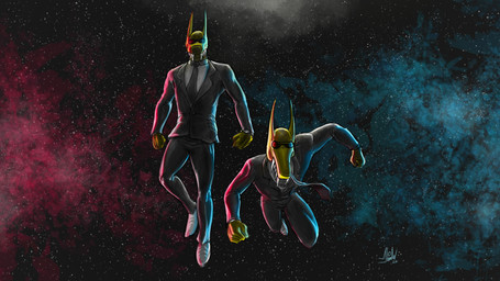 5_fingers anthro bottomwear clothed clothing cosmic_background duo eyewear fangs fingers fist floating footwear fur humanoid_hands long_ears long_fangs long_nose male necktie pants shoes space space_background suit sunglasses teeth white_clothing white_footwear white_shoes yellow_body yellow_fur finfr0sk subwoolfer jim_(subwoolfer) keith_(subwoolfer) alien canid canine canis mammal wolf 16:9 2022 digital_media_(artwork) hi_res signature widescreen brother_(lore) brothers_(lore) sibling_(lore)
