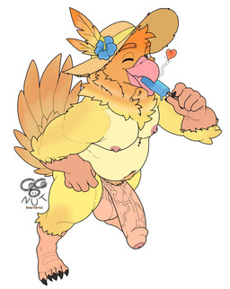 anthro areola balls barbell_piercing beak big_penis body_hair clothing feathers feet food foreskin genitals happy_trail hat hat_only headgear headgear_only headwear headwear_only high-angle_view humanoid_genitalia humanoid_hands humanoid_penis looking_at_viewer male mostly_nude nipple_barbell nipple_piercing nipples non-mammal_nipples one_eye_closed orange_body orange_feathers penis piercing pink_areola pink_beak pink_nipples pink_tongue popsicle popsicle_in_mouth popsicle_melting simple_background slightly_chubby slightly_chubby_anthro slightly_chubby_male solo standing sun_hat sun_hat_only tail tail_feathers talons toes tongue vein veiny_penis white_background wink winking_at_viewer yellow_body yellow_feathers coconut_boarthrel noodle_(stickyfeathers) avian bird 2026 digital_drawing_(artwork) digital_media_(artwork) hi_res