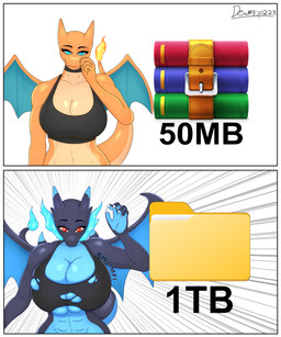 abs anthro big_breasts black_body black_choker black_clothing black_jewelry black_necklace black_topwear blue_eyes blue_wings breast_expansion breast_squish breasts choker cleavage clothed clothing expansion expansion_sound_effect female glowing glowing_eyes growth horn huge_breasts jewelry muscle_growth muscular necklace orange_body red_eyes solo sound_effects squish topwear torn_clothing torn_topwear undersized_clothing wings dewmop223 decompressed_file_meme mythology nintendo pokemon winrar charizard dragon generation_1_pokemon mythological_creature mythological_scalie pokemon_(species) scalie 5:6 absurd_res hi_res
