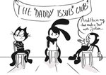 anthro banner black_body black_fur bow_tie chair clothing dialogue fleischer_style_toon fur furniture gloves group handwear male text toony deez-art bendy_and_the_ink_machine disney felix_the_cat_(series) bendy_the_dancing_demon felix_the_cat oswald_the_lucky_rabbit demon domestic_cat felid feline felis lagomorph leporid mammal rabbit digital_media_(artwork) english_text monochrome