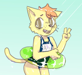 anthro brown_eyes cheek_tuft clothing facial_tuft fangs femboy gesture hair hand_gesture male one-piece_swimsuit open_mouth open_smile orange_hair school_swimsuit smile solo swimwear tail teeth tuft v_sign yellow_tail young bravobunny domestic_cat felid feline felis mammal hi_res portrait three-quarter_portrait