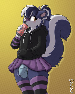 animal_genitalia animal_penis anthro balls beverage_can big_tail blue_penis blush bottomwear bulge canine_genitalia canine_penis clothing detailed_bulge drinking femboy genital_outline genitals gloves hand_in_hood_pocket handwear hoodie legwear looking_at_viewer male motion_lines panties panty_bulge pattern_clothing pattern_gloves pattern_handwear pattern_legwear pattern_stockings penis penis_outline skirt solo stockings striped_clothing striped_gloves striped_handwear striped_legwear striped_stockings stripes tail topwear underwear conditional_dnp yakukitsu monster_energy yaku_(yakukitsu) domestic_cat felid feline felis hybrid mammal mephitid skunk