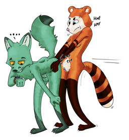 annoyed anthro bent_over duo female female_humping from_behind_position frustrated fur green_body green_fur humping looking_at_watch male male/female penis_envy sex standing countrynational86 ailurid canid canine fox mammal red_panda hi_res