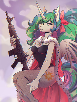 accessory anthro anthrofied ar-15 assault_rifle bow_(feature) bow_ribbon cape cigarette clothing cutie_mark female gun hair hair_accessory hair_bow hair_ribbon horn legwear leotard long_hair ponytail purple_eyes ranged_weapon ribbons rifle sitting solo stockings weapon wings ponsex friendship_is_magic hasbro my_little_pony mythology princess_celestia_(mlp) equid equine mammal mythological_creature mythological_equine winged_unicorn hi_res