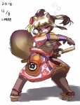 anthro armor asian_clothing breasts chest_wraps clothing drunk east_asian_clothing eyes_closed female flower footwear gauntlets geta gloves gourd handwear japanese_clothing melee_weapon plant robe sandals scabbard shoes simple_background solo substance_intoxication sword text weapon white_background wraps ni_jikan canid canine mammal raccoon_dog tanuki 2015 japanese_text signature