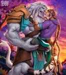 absurd_res accessory ajani_goldmane anthro armor biceps biped bodily_fluids bottomwear brown_hair clothed clothing cloud duo eye_contact fur green_eyes hair hair_accessory hand_on_butt hasbro hi_res holding_anthro hoodie kissing loincloth long_hair looking_at_another magic:_the_gathering male muscular muscular_thighs nipples orange_body orange_eyes orange_fur outside pants pecs physen plant saliva shoulder_armor standing sunset tail teeth topwear tree vein veiny_muscles white_body white_fur white_hair white_tail wizards_of_the_coast