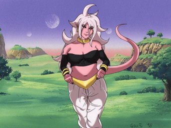 armlet bandeau black_nails black_sclera bottomwear clothed clothing colored_nails ear_piercing female hair humanoid_pointy_ears long_hair nails not_furry pants piercing pink_body pink_skin pointy_ears red_eyes solo topwear white_hair conditional_dnp grinn3r dragon_ball dragon_ball_fighterz android_21 majin_android_21 alien alien_humanoid humanoid majin 2018