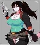 breasts cleavage clothed clothing cosplay eyewear female gun ranged_weapon smile solo sunglasses weapon jwinkz tomb_raider lara_croft maribelle_(jwinkz) canid canine canis domestic_dog mammal hi_res