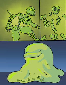 acid ambiguous_gender anthro big_breasts bone breasts clothing death dissolving dissolving_skin duo fatal female feral fur gore green_body huge_breasts rib_cage skeleton skull slime tan_body tan_fur teeth thick_thighs topwear translucent unwilling_prey vore virus-20 june_coyote blob_creature canid canine canis coyote mammal 2016 comic digital_media_(artwork)