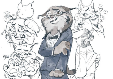 anthro clothing fur grey_body grey_fur male multiple_poses nervous pawpads paws pose solo suit sweater topwear zatta_titanium disney zootopia pawbert_lynxley canada_lynx felid feline lynx mammal
