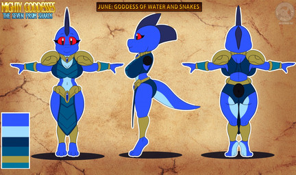 3_toes anklet anthro barefoot belt blue_body blue_scales blue_skin bottomwear bracelet breasts brown_background butt chibi clothing color_swatch costume crop_top feet female gold_(metal) gold_jewelry jewelry loincloth looking_at_viewer necklace non-mammal_breasts red_eyes scales scutes shirt shoulder_guards simple_background smile solo t-pose tail text toes topwear wide_hips justathereptile june_(justathereptile) deity komodo_dragon lizard monitor_lizard reptile scalie 2018 digital_media_(artwork) english_text model_sheet watermark herm_(lore)