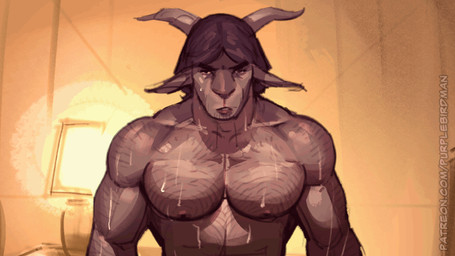 anthro bodily_fluids body_hair bovid_horn breathing breathing_heavily caprine_horn chest_hair clothed clothing eyebrows flexing flexing_bicep flexing_muscles goat_horn horn male muscular muscular_anthro muscular_male solo sweat sweaty_body thick_eyebrows topless topless_anthro topless_male warm_lighting purplebirdman william_(falcon_mccooper) bovid caprine goat mammal 16:9 2026 animated colored loop warm_colors widescreen