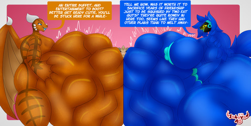 4_fingers anthro belly belly_squish big_belly big_breasts big_butt big_feet blue_body blue_fur blue_hair breasts butt cheek_horn claws cybernetics digestion facial_horn fatal_vore feet fingers forced fur genitals glowing group hair hand_on_belly horn huge_belly huge_breasts huge_butt hyper hyper_belly intersex intersex_pred long_tail machine male male_pred markings mass_vore multiple_prey nipples non-mammal_nipples nude open_mouth orange_body orange_scales pinned_by_belly protogen_visor scales speech_bubble squish tail teasing text trio unwilling_prey vore wings yellow_eyes sokoyo_owo mythology chem_(dragon_chem) ele_(elementrayne) starry_(sokoyo_owo) canid canine chameleon cyborg dragon hybrid lizard mammal mythological_creature mythological_scalie protogen reptile scalie absurd_res english_text hi_res