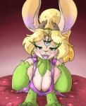 3_eyes all_fours anthro blush breasts cleavage clothed clothing female hair horn looking_at_viewer multi_eye open_mouth solo thick_thighs xilrayne priscillia_(xilrayne) bovid caprine hybrid lagomorph laprine leporid mammal rabbit hi_res