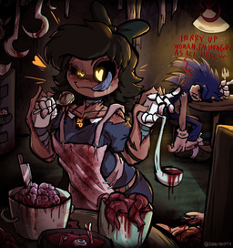 4_hands >:p anthro apron belly big_breasts black_body black_clothing black_dress black_hair blood blood_from_eye blood_on_apron blood_on_clothing blood_on_hand blood_stain blue_body blue_fur blue_tongue bodily_fluids bone bow_ribbon brain breasts brown_body brown_skin butcher butchering cannibalism clothing cooking cooking_pot corpse cutlery disguise dismemberment dress duo eyeball eyeshadow face_lick female food footwear footwear_only fork freckled_face freckles fur furniture gloves gloves_only glowing glowing_eyes gore grey_body grey_tongue guts hair handwear handwear_only head_on_table heart_eyes heart_symbol hearts_around_head hungry intestines kitchen kitchen_utensils knife ladle lamp licking long_tongue machine makeup male meat meat_hook metallic_body mostly_nude multi_hand one_eye_half-closed organs red_text saliva saliva_on_tongue scar scars_all_over seam_(sewing) segmented_body severed_body_part shoes shoes_only skinsuit spoon stain stained_apron stained_clothing stitch_(sewing) surgical_suture table text thick_thighs tight_clothing tongue tongue_out tools white_body wide_hips x_eyes yellow_eyes diddlydooter1 creepypasta glitch_productions murder_drones sega sonic.exe_(creepypasta) sonic_the_hedgehog_(series) cyn_(murder_drones) sonic.exe tessa_(murder_drones) digital_creature eldritch_abomination eulipotyphlan hedgehog human humanoid mammal patchwork_creature robot robot_humanoid undead worker_drone zombie artist_name crossover digital_drawing_(artwork) digital_media_(artwork) hi_res signature