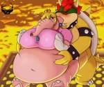 anthro belly belly_squeeze big_belly blush duo female kissing male male/female morbidly_obese obese obese_female overweight overweight_female manresasayron mario_bros nintendo super_mario_bros_wonder bowser elephant_peach princess_peach elephant elephantid koopa mammal proboscidean scalie 2023 absurd_res hi_res