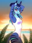 2018 anthro arms_above_head blue_body blue_fur blush breasts clothed clothing digital_media_(artwork) dipstick_ears ear_tuft felid feline female fur gloves_(marking) green_hair hair hi_res lynx mammal markings multicolored_ears multicolored_tail one-piece_swimsuit pose smile solo standing stripes swimwear tail tail_markings tuft vasta vicoon