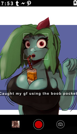 anthro anthrofied areola areola_slip beverage big_breasts black_outfit blue_body breast_squish breasts cleavage cleavage_storage clothed clothing cola collarbone drinking_straw embarrassed erect_nipples eyebrows fangs female female_anthro green_hair hair leaf leaf_hair looking_at_another looking_at_viewer markings nipples open_mouth plant plant_hair pokemorph pseudo_hair red_eyes screencap social_media soda solo squish standing teeth text thick_eyebrows tight_clothing cosmonaut nintendo pokemon amanita_(cosmonaut) generation_1_pokemon ivysaur pokemon_(species) absurd_res english_text hi_res
