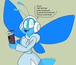 anthro blue_body blue_eyes blue_skin blush blush_lines bottomwear clothing cute_fangs electronics fangs female happy headphones hoodie looking_at_viewer phone skirt solo teeth thanking topwear sticostudios bluesky_(social_media) bluesfly_(sticostudios) arthropod butterfly insect lepidopteran absurd_res hi_res