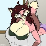 anthro big_breasts breast_squish breasts brown_hair erect_nipples female fluffy fur hair leaning looking_at_viewer nipple_outline nipple_piercing nipples piercing pink_body pink_fur red_eyes smile solo squish aarqon trish_(currentlytr_ash) canid canine fox mammal 1:1 absurd_res hi_res