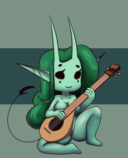 beady_eyes big_hair black_eyes breasts eyelashes facial_markings female front_view genitals green_background green_body green_hair green_horn green_skin hair head_markings holding_musical_instrument holding_object horn humanoid_pointy_ears long_hair markings musical_instrument nude pointy_ears simple_background sitting smile solo tail tail_tuft thick_thighs tuft vulva wide_hips bluesparrow horned_humanoid humanoid imp tailed_humanoid hi_res