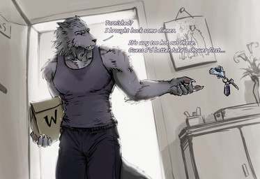 anthro backlighting black_bottomwear black_clothing black_pants bottomwear bulge claws clothing eyebrows fangs finger_claws fur grey_body grey_fur grey_tail key light male muscular muscular_anthro muscular_male pants pawpads photo pink_pawpads purple_clothing purple_eyes purple_shirt purple_tank_top purple_topwear scar scars_all_over shirt solo sweat_stain tail tank_top teeth text topwear white_claws cambrian_(artist) elden_ring fromsoftware blaidd_(elden_ring) canid canine canis mammal wolf digital_drawing_(artwork) digital_media_(artwork) english_text hi_res lighting sketch