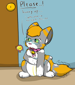 bell bell_collar bladder bodily_fluids clean_diaper collar diaper eyewear feral full_bladder fur glasses green_eyes grey_body grey_fur male omorashi open_mouth orange_body orange_fur organs pacifier pacifier_necklace pee_desperation pink_nose sitting solo sweat tail tears text wearing_glasses wetness_indicator white_body white_fur cookid slinky_(cookid) calico_cat domestic_cat felid feline felis mammal