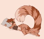 2019 anthro bangs barefoot big_tail biped border bottomless caninelove clothed clothing countershading dated digital_media_(artwork) domestic_cat embrace embracing_object embracing_pillow feet felid feline felis femboy fluffy fluffy_tail genitals green_eyes half-erect hindpaw humanoid_genitalia humanoid_penis looking_at_viewer lying malan_(athiesh) male mammal markings on_side one_eye_closed orange_border pawpads paws penis pillow pink_pawpads ribbons shirt simple_background smile solo striped_markings stripes tabby_cat tail tank_top topwear