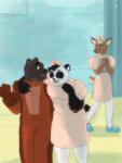 2018 anthro bear breasts brown_bear clothed clothing deer digital_media_(artwork) duo female fur giant_panda grizzly_bear hi_res laugh male male/female mammal missebony nurse romantic romantic_couple smile ursine