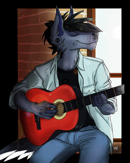 acoustic_guitar anthro biped clothed clothing fur guitar hair male musical_instrument playing_guitar playing_music plucked_string_instrument sitting smile solo string_instrument mishabahl canid canine canis domestic_dog mammal hi_res
