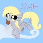 blonde_hair blue_sky cloud feathered_wings feathers female feral flying food food_in_mouth green_eyes grey_body grey_wings hair muffin outside side_view sky solo tail wings yellow_tail milk-jug friendship_is_magic hasbro my_little_pony mythology derpy_hooves_(mlp) equid equine mammal mythological_creature mythological_equine pegasus