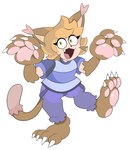 4_fingers 4_toes arms_bent barefoot big_hands blonde_hair blue_bottomwear blue_clothing blue_pants blue_shirt blue_t-shirt blue_topwear bottomwear brown_body brown_fur brown_tail claws clothed clothed_female clothed_humanoid clothing ear_tuft eyelashes fangs feet female female_humanoid finger_claws fingers fully_clothed fully_clothed_female fully_clothed_humanoid fur hair hand_pawpads light medium_hair on_one_leg open_mouth open_smile pants pawpads pink_pawpads pink_tongue pockets shirt simple_background smile solo standing t-shirt tail tan_body tan_skin teeth toe_claws toes tongue topwear torn_bottomwear torn_clothing torn_pants tuft two_tone_tail white_background white_claws yellow_eyes drememoto rizo_(drememoto) animal_humanoid cat_humanoid felid felid_humanoid feline feline_humanoid humanoid mammal mammal_humanoid 2025 colored digital_drawing_(artwork) digital_media_(artwork) english_description hi_res lighting shaded simple_shading