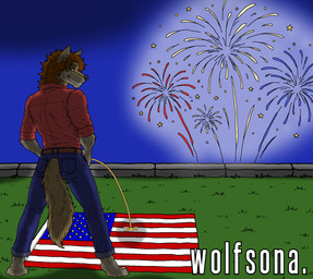 american_flag anthro barefoot belt blue_bottomwear blue_clothing blue_jeans blue_pants bodily_fluids bottomwear butt claws clothing denim denim_bottomwear denim_clothing devious_grin fangs feet fireworks fur genital_fluids grass hair holidays jeans male messy_hair multicolored_body multicolored_fur night pants pee_stream peeing peeing_on_flag plant red_clothing red_shirt red_topwear rolled_up_pants rolled_up_sleeves shirt smile smiling_at_viewer smirk smirking_at_viewer solo stone_wall teeth toe_claws topwear two_tone_body two_tone_fur united_states_of_america urine wall_(structure) watersports white_sclera yellow_eyes the_wolfsona 4th_of_july angelo(wolfsona) canid canine canis mammal wolf hi_res shaded watermark