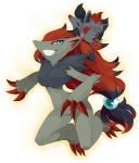 anthro blue_eyes blush breasts claws duo female grin happy open_mouth simple_background smile agemono nintendo pokemon canid canine generation_5_pokemon mammal pokemon_(species) zoroark zorua