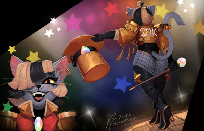 anthro baton bell black_clothing boots bow_ribbon clothing costume ear_piercing femboy fishnet_clothing footwear front_view gloves hair handwear hat headgear headwear high_heeled_boots high_heels jacket legwear leotard looking_away male multicolored_hair on_stage performer piercing shoes simple_background smile solo tail thigh_boots thigh_highs top_hat topwear two_tone_hair pajamamcham jaspar_(pajamamcham) domestic_cat felid feline felis mammal