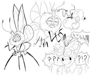 accessory ambiguous_gender annoyed antennae_(anatomy) arthropod_abdomen blush bodily_fluids cheek_bulge clenched_teeth clothed clothed_human clothing crown dialogue directional_arrow duo eating eyespots feral grin headgear holding_leaf holding_object holding_plant insect_wings laugh leaf male male_human markings narrowed_eyes necktie obscured_eyes open_mouth ruff size_difference smile solo speech_bubble standing surprised sweat teeth toothy_grin wings young young_ambiguous young_feral glean143466 disney hoppers_(disney) pixar jerry_generazzo titus_(hoppers) arthropod butterfly caterpillar human insect larva lepidopteran mammal monarch_butterfly taur 2026 digital_media_(artwork) hi_res monochrome sketch