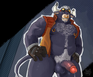 abstract_background accessory anthro balls barazoku beard belly biceps blue_body bodily_fluids body_hair bottomless broken_horn chest_hair clothed clothing dripping ear_piercing ear_ring erection eyewear eyewear_on_head facial_hair facial_piercing foreskin front_view fur genital_fluids genitals glans gloves goggles goggles_on_head grey_hair grin hair hands_on_hips handwear happy_trail headband horn humanoid_genitalia humanoid_penis jacket looking_at_viewer male musclegut muscular muscular_anthro muscular_male navel nipple_piercing nipple_ring nipples nose_piercing nose_ring orange_clothing orange_jacket orange_topwear outline pecs penis piercing precum precum_drip pubes purple_eyes purple_nipples retracted_foreskin ring_piercing septum_piercing sleeveless_jacket slightly_chubby smile solo standing tail text topwear vein veiny_penis vest white_outline wraps wrist_wraps baranaduu humble_games wild_blue_skies chuck_(wild_blue_skies) bovid bovine cattle mammal artist_name hi_res watermark