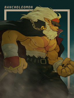 abs anthro barazoku beard bottomwear chain chain_jewelry clothed clothing coat_cape facial_hair fist hair hand_wraps hat headgear headwear jacket leaf leaf_in_mouth male mane mature_male muscular muscular_anthro muscular_male nipples pants pecs pose scar simple_background solo tail topless topless_anthro topless_male topwear white_hair wraps fonzu bandai_namco digimon bancholeomon digimon_(species) felid lion mammal pantherine 3:4 hi_res