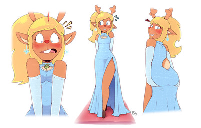 anthro antlers big_butt blue_clothing blue_dress blue_eyes blush breast_squish breasts buckteeth butt cleavage_cutout clothing cutout dress duo ear_piercing ear_ring embarrassed female freckles gloves hair hand_on_butt hands_behind_back handwear hooves horn looking_aside looking_at_chest looking_away looking_back medium_breasts mistletoe object_between_breasts piercing plant ponytail red_nose ring_piercing sparkles sparkling_clothing sparkling_dress squish surprised tail teeth wide_hips bingbingo_(artist) deltarune undertale_(series) noelle_holiday deer mammal new_world_deer reindeer hi_res signature