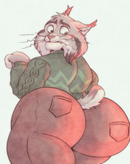 anthro big_butt black_eyebrows bottomwear brown_bottomwear brown_clothing brown_eyes brown_pants bubble_butt butt clothed clothed_anthro clothed_male clothing eyebrows fur green_clothing green_sweater green_topwear grey_body grey_fur head_tuft looking_back male mouth_closed pants pink_nose rear_view simple_background small_tail solo sweater tail topwear tuft whiskers white_background furryonline1 disney zootopia pawbert_lynxley canada_lynx felid feline lynx mammal 2026 digital_drawing_(artwork) digital_media_(artwork) english_description hi_res