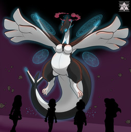anthro belly big_breasts black_body black_hair blue_eyes blue_markings breasts chest_tuft dynamax female floating glowing glowing_markings group hair logo markings multicolored_body slightly_chubby slightly_chubby_female spread_arms spread_wings tail thick_tail thick_thighs tuft two_tone_body white_body wings sentinelwinder nintendo pokemon pokemon_trainer sonear_(sentinelwinder) generation_2_pokemon generation_3_pokemon human latias legendary_pokemon lugia mammal pokemon_(species) artist_logo digital_media_(artwork) hi_res