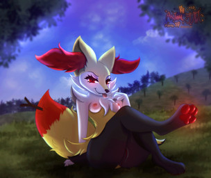 anthro blep breasts crossed_legs fangs female fur genitals grass inner_ear_fluff looking_at_viewer nipples pawpads paws plant presenting_pawpads red_body red_eyes red_fur sky small_breasts solo teeth tongue tongue_out tress tuft vulva white_body white_fur yellow_body yellow_fur astralia nintendo pokemon braixen canid canine fox generation_6_pokemon mammal pokemon_(species) hi_res watermark