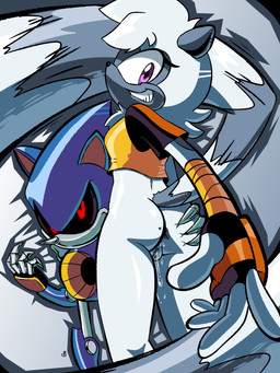 ambiguous_gender anthro anus big_butt black_clothing black_gloves black_handwear black_nose black_sclera blue_body bodily_fluids bottomless breasts butt butt_grab clothed clothing duo eyelashes female female_anthro fingerless_gloves fur genital_fluids gloves grey_body grey_fur hand_on_butt handwear head_tuft long_tail looking_at_viewer looking_back looking_back_at_viewer markings metallic_body mouthless purple_eyes pusys rear_view red_eyes small_breasts smile striped_markings striped_tail stripes tail tail_markings thick_thighs topwear tuft vaginal_fluids wide_hips yellow_clothing yellow_topwear starioforreal idw_publishing sega sonic_the_hedgehog_(comics) sonic_the_hedgehog_(idw) sonic_the_hedgehog_(series) metal_sonic tangle_the_lemur eulipotyphlan hedgehog lemur mammal primate ring-tailed_lemur robot_anthro strepsirrhine 3:4 absurd_res hi_res