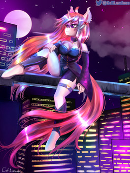 anthro city clothing dress female horn night solo suit synthwave caliluminos hasbro my_little_pony mythology equid equine horse mammal mythological_creature mythological_equine pony unicorn absurd_res hi_res signature