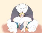 anthro blush bottomwear clothing duo eyes_closed hug hugging_another hugging_from_behind kemono male overweight overweight_male shirt shorts sitting size_difference topwear inunoshippo canid canine canis domestic_dog mammal 2022 hi_res