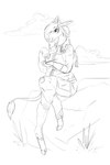 anthro belly big_belly bottle_cap boulder braided_hair cloud cloven_hooves cosplay counting female hair happy hooves horn looking_down markings ossicone pregnant pregnant_anthro pregnant_female rock sitting smile solo spots spotted_markings tail tail_tuft tuft vault_suit kriwu fallout microsoft gracey_halvenka giraffe giraffid mammal 2016 2:3 absurd_res hi_res monochrome sketch