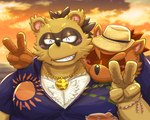 4_fingers anthro blush clothing duo eyes_closed fingers humanoid_hands kemono male outside overweight overweight_male shirt topwear rockmai3 sengoku_puzzle shadow_ieyasu tokugawa_ieyasu canid canine mammal raccoon_dog tanuki 2024 5:4 absurd_res hi_res