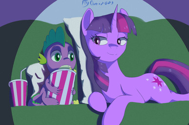3_toes 4_fingers bangs container cup cutie_mark drinking_straw duo eyelashes fangs feet female feral fingers food fur furniture green_body green_ears green_eyes green_skin hair holding_object horn male mane pillow popcorn purple_body purple_eyes purple_fur purple_hair purple_mane purple_skin purple_tail smile sofa spikes tail teeth toes fly_over friendship_is_magic hasbro my_little_pony mythology spike_(mlp) twilight_sparkle_(mlp) dragon equid equine mammal mythological_creature mythological_equine mythological_scalie scalie unicorn 2023 absurd_res alternate_version_at_source digital_media_(artwork) hi_res